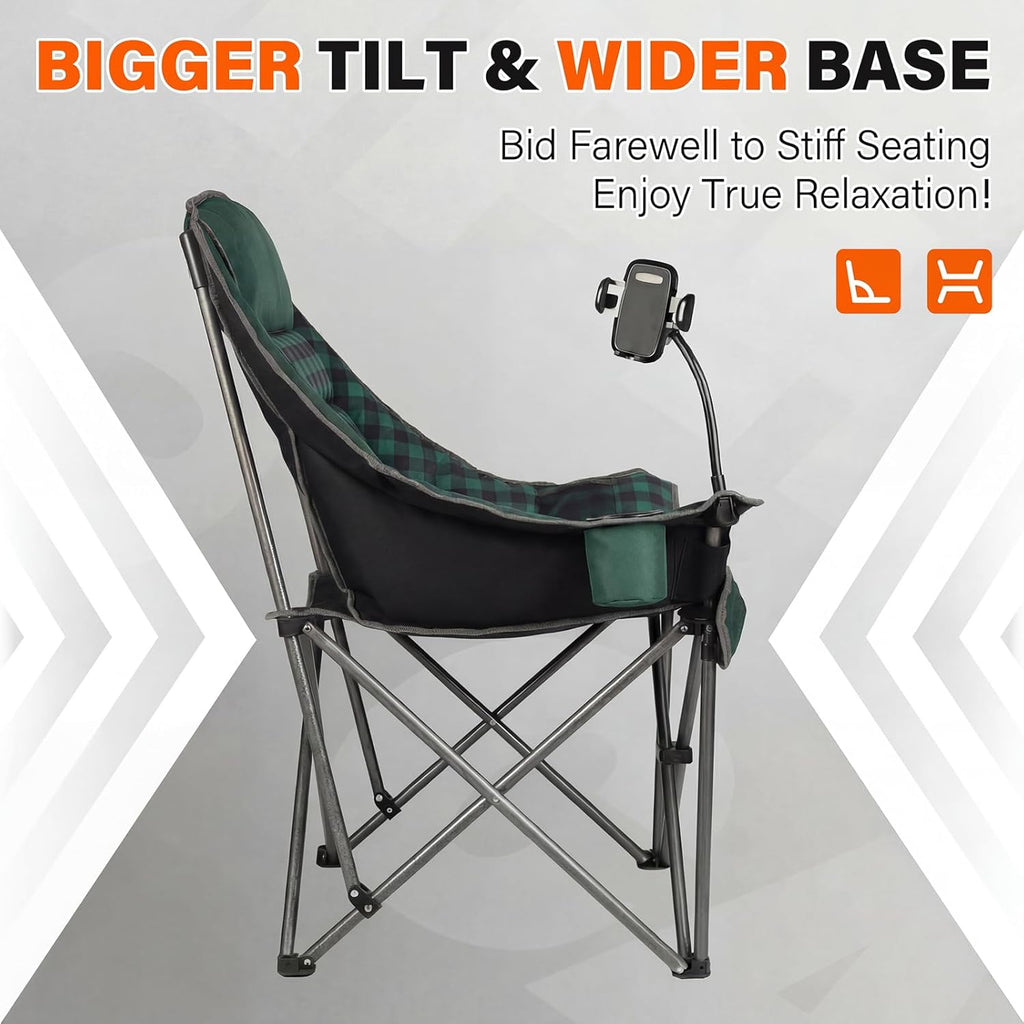 Oversized Camping Chairs for Adults- Heavy Duty Extra Large Lawn Chair,Folding Comfy Padded Camp Chair for Outdoor Sports Garden Beach,Wide&Thick,Green Plaid