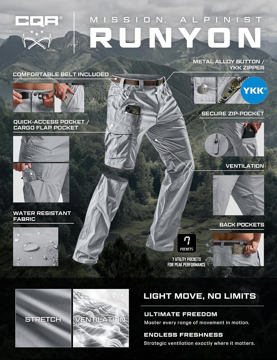 CQR Men's Convertible Cargo Tactical Pants, Water Resistant Outdoor Hiking Pants, Zip Off Lightweight Stretch Work Pants