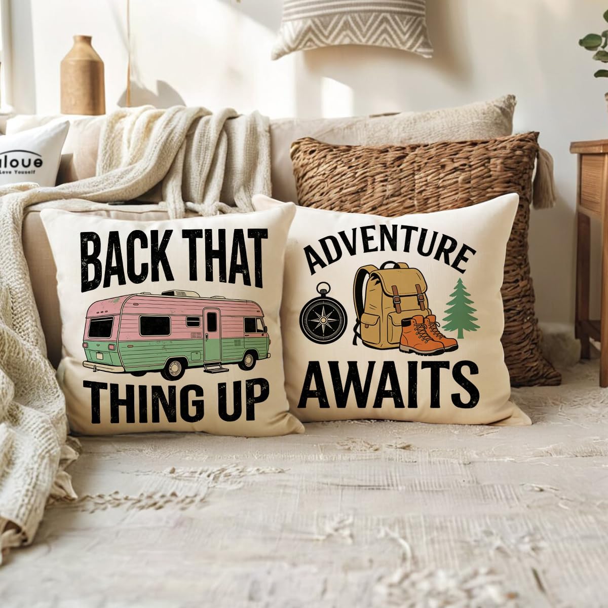 ULOVE LOVE YOURSELF Camping Throw Pillow Covers 4Pack Outdoor Campfire Adventure Decorative Pillowcases Rustic Camper Cushion Covers 18 X 18 Inch for Camper, Cabin Home Decor(Yellow/Green)