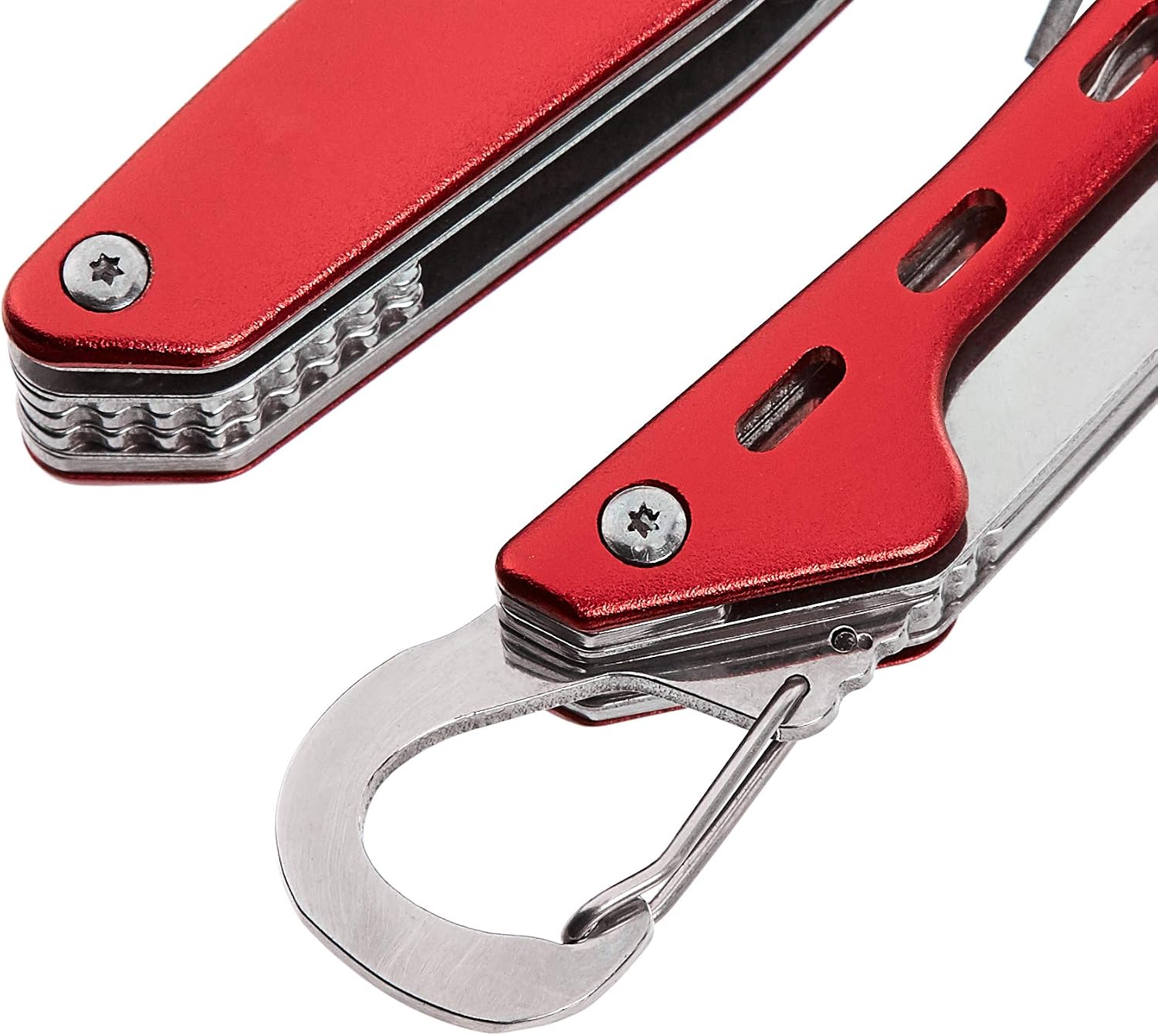 Amazon Basics 10-in-1 Stainless Steel Multitool for Hiking and Survival Gear with Needlenose Pliers, Wire Cutter, Saw, Safety Lock, Nylon Sheath, Red