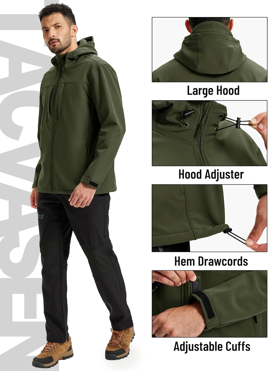 TACVASEN Men's Hooded Softshell Waterproof Fleece Lined Lightweight Jackets