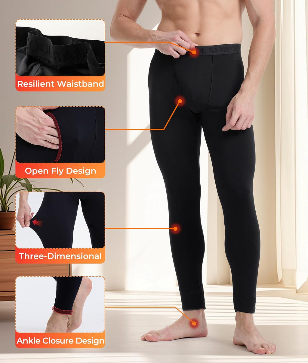 BAMBOO COOL Men's Wool Blend Thermal Pants, 2-Pack Heavyweight Long Johns