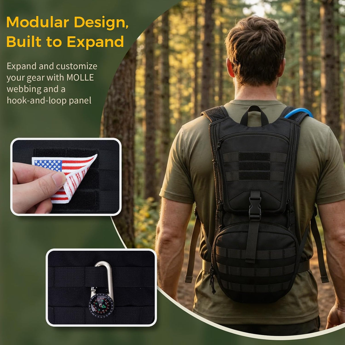Blue Quartz Hydration Backpack with 3L Water Bladder, Lightweight Hiking Backpack with Phone Pocket, Tactical Molle Water Backpack for Running, Biking, Climbing, Hydro Pack for Men Women