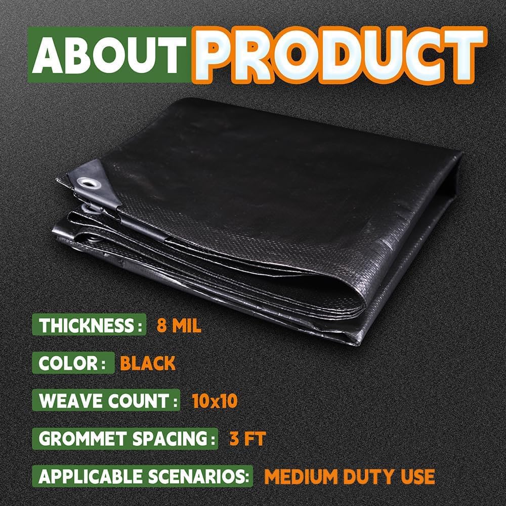 RAINDEWAY Black Tarp 9x16 Feet 8 Mil Multipurpose Waterproof Tarps
