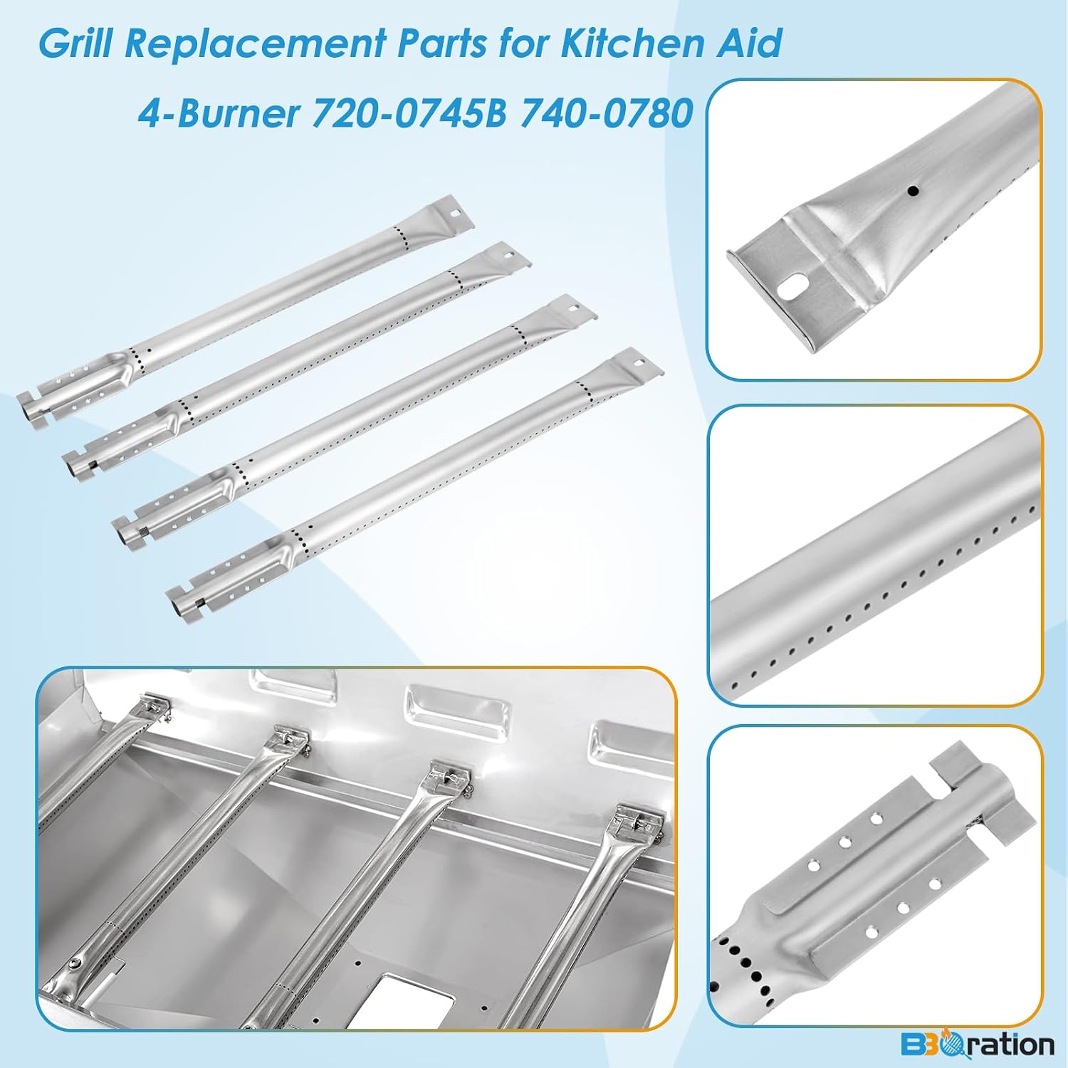 Replacement Kit for Kitchen Aid 720-0745B 740-0780 860-0012 720-0745 720-0745A, 7MM Solid Stainless Steel Cooking Grates, Burners and Heat Plates for Kitchenaid Grill Replacement Parts