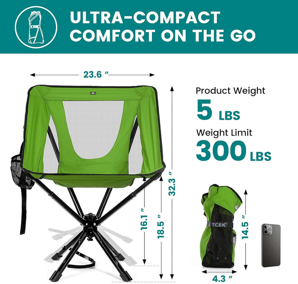 TCEK Portable Camping Chair - SwivelCore 180 Swivel & Auto-Return, Small Compact Lightweight Folding Chairs for Adults, Outdoor Backpack Chair for Adventures, Setup in Seconds, Support 300 LBS