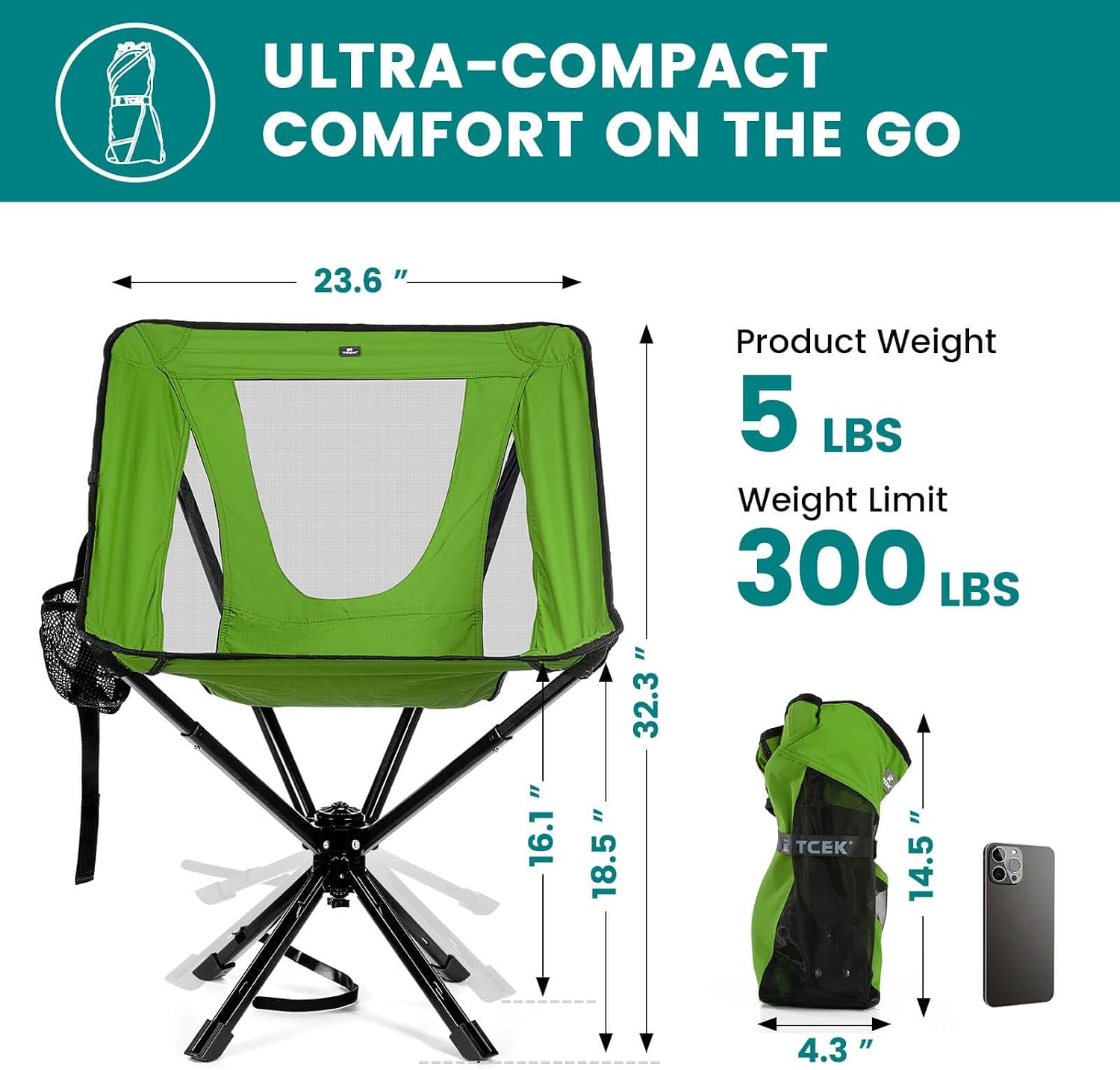 TCEK Portable Camping Chair - SwivelCore 180 Swivel & Auto-Return, Small Compact Lightweight Folding Chairs for Adults, Outdoor Backpack Chair for Adventures, Setup in Seconds, Support 300 LBS