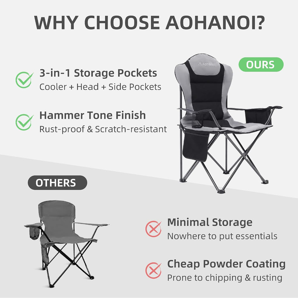 Aohanoi Heavy Duty Camping Chairs for Adults with Cup Holder & Cooler Bag