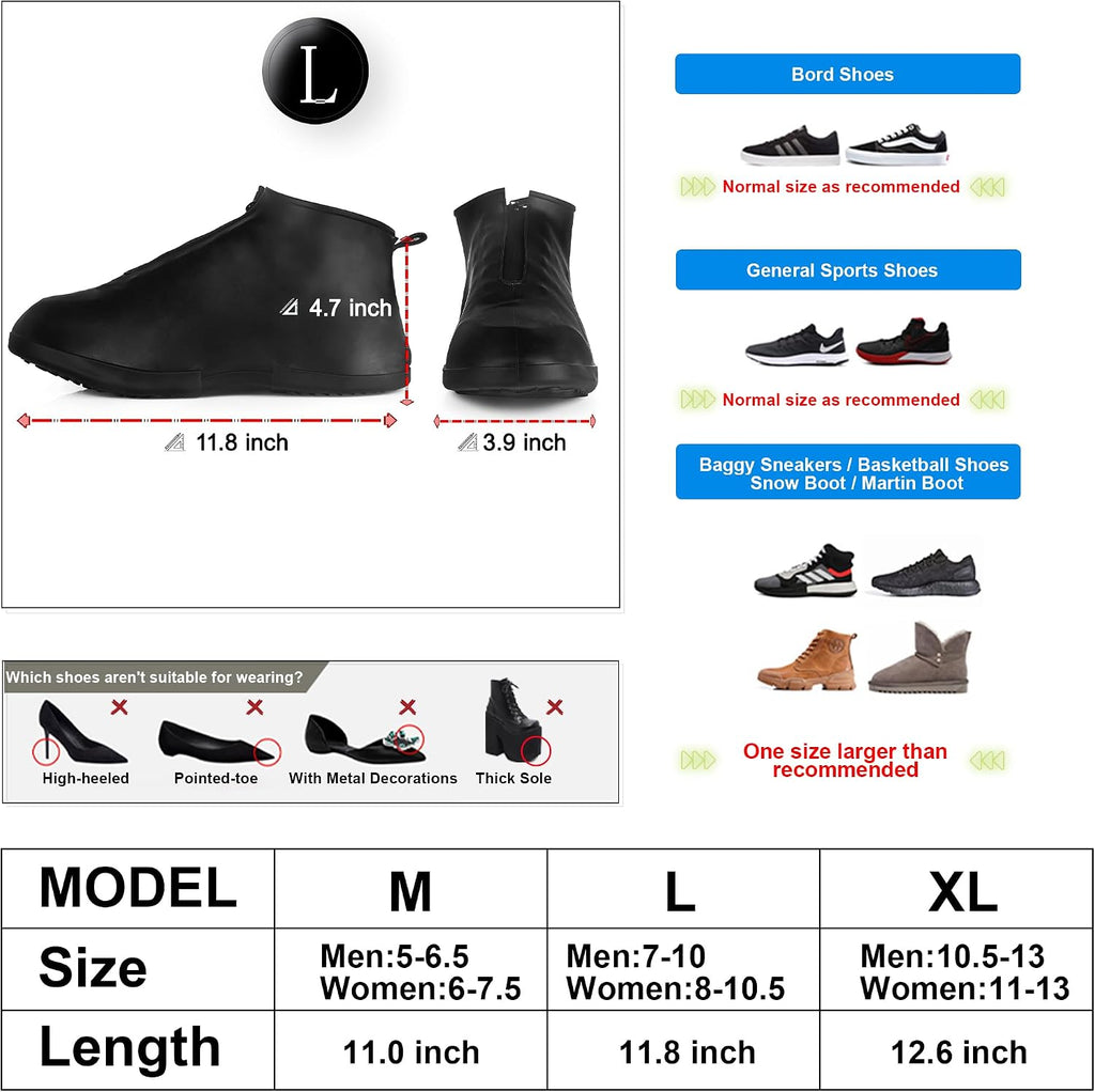 Waterproof Shoe Covers Slip-Resistant Overshoes Newly Upgraded and Latest Model for Men Women, Reusable Rain Boots for Outdoor, Cycling, Hiking, Work (Black, L (Women 8-10.5, Men 7-10))