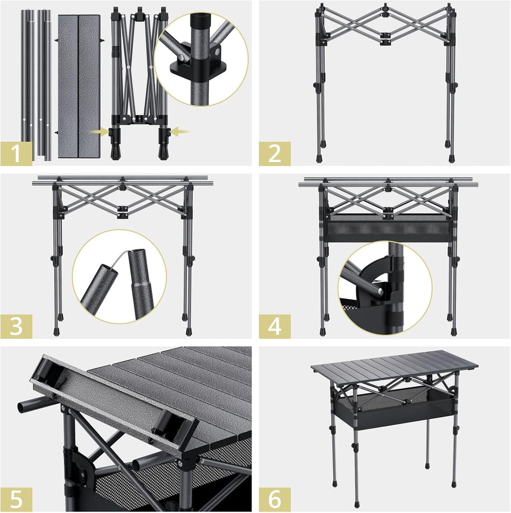 Anbte 3ft Aluminum Roll Top Folding Camping Table, Portable, 32”X16”, Black