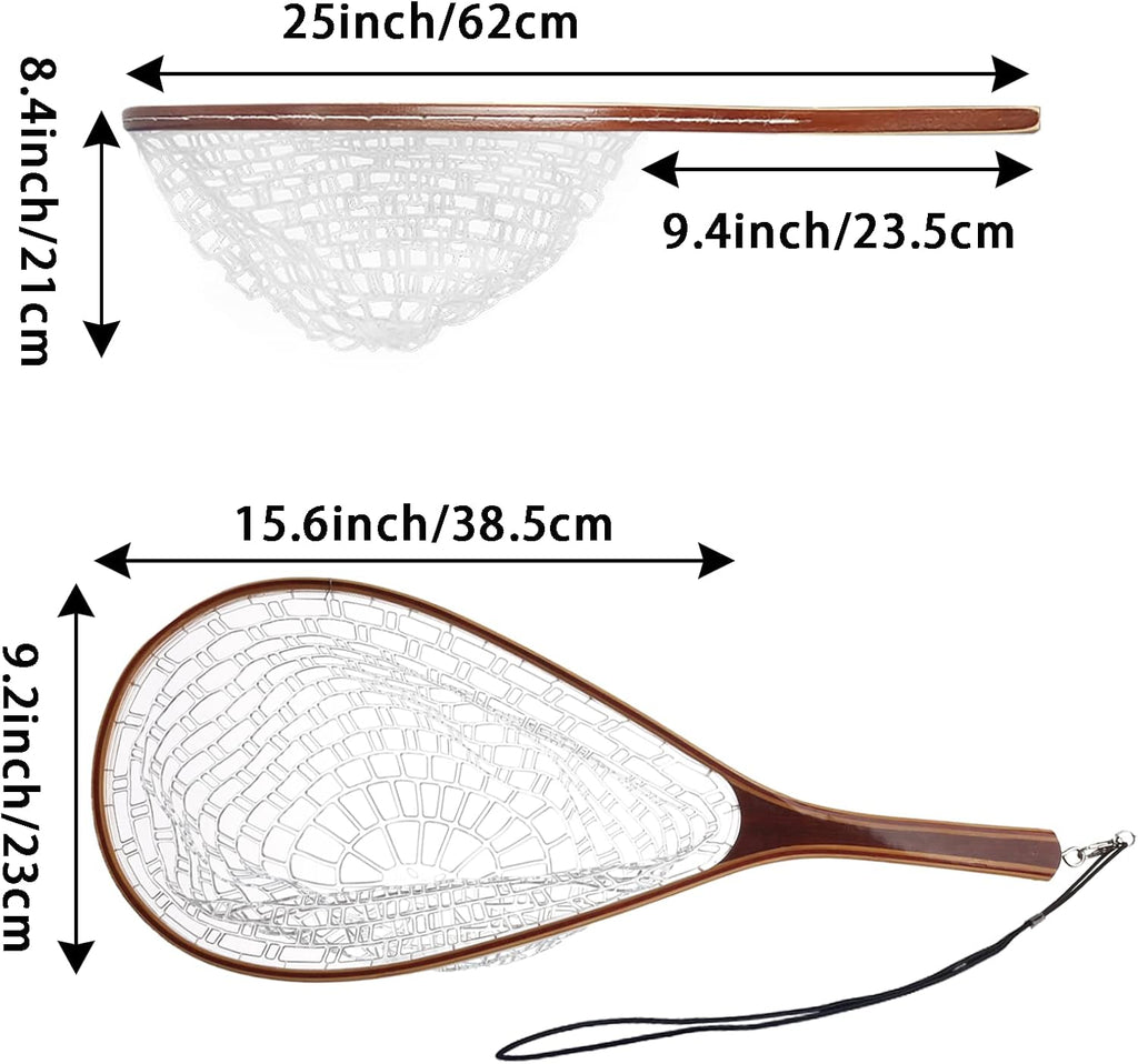 Aventik Fly Fishing Landing Net for Trout Soft Rubber Ghost Mesh Catch and Release Wooden Frame Lightweight and Tangle-Free