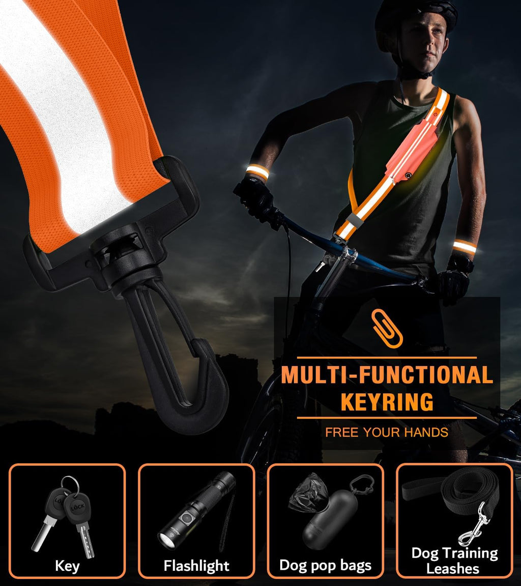 Ylzzrs LED Belt Reflective Sash for Walking at Night,High Visibility Adjustable Night Running Safety Gear,Light Up Running Belt Reflective Gear with Phone Bag/Armband for Runners Walkers Men Women