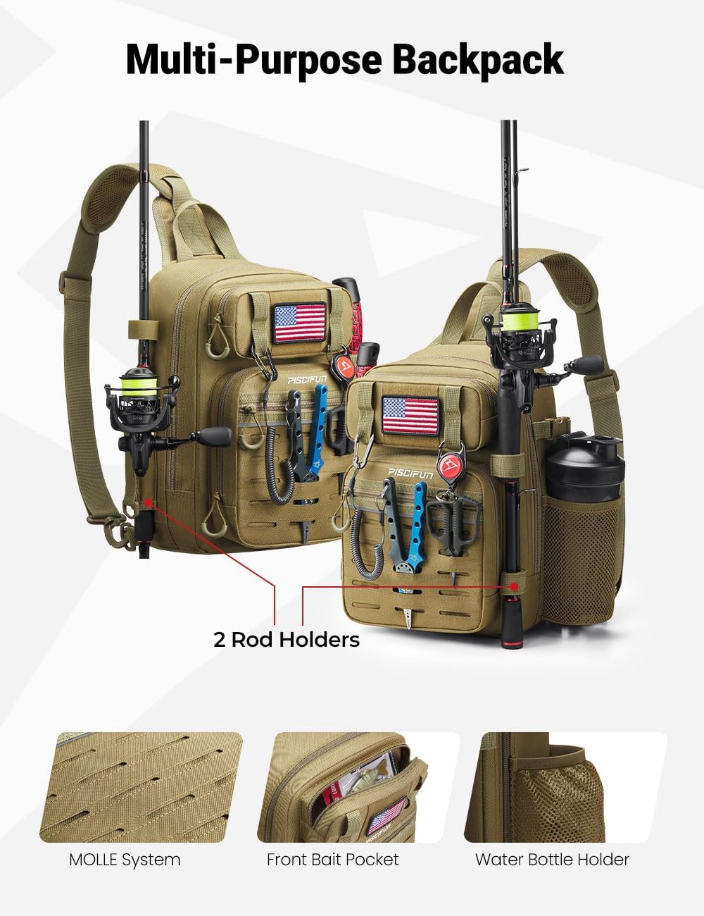 Piscifun Fishing Backpack Tackle Bag with 2 Rod Holders, Multi-Compartment Storage, MOLLE System, Water-Resistant Lightweight Outdoor Pack,Single Shoulder Black Standard