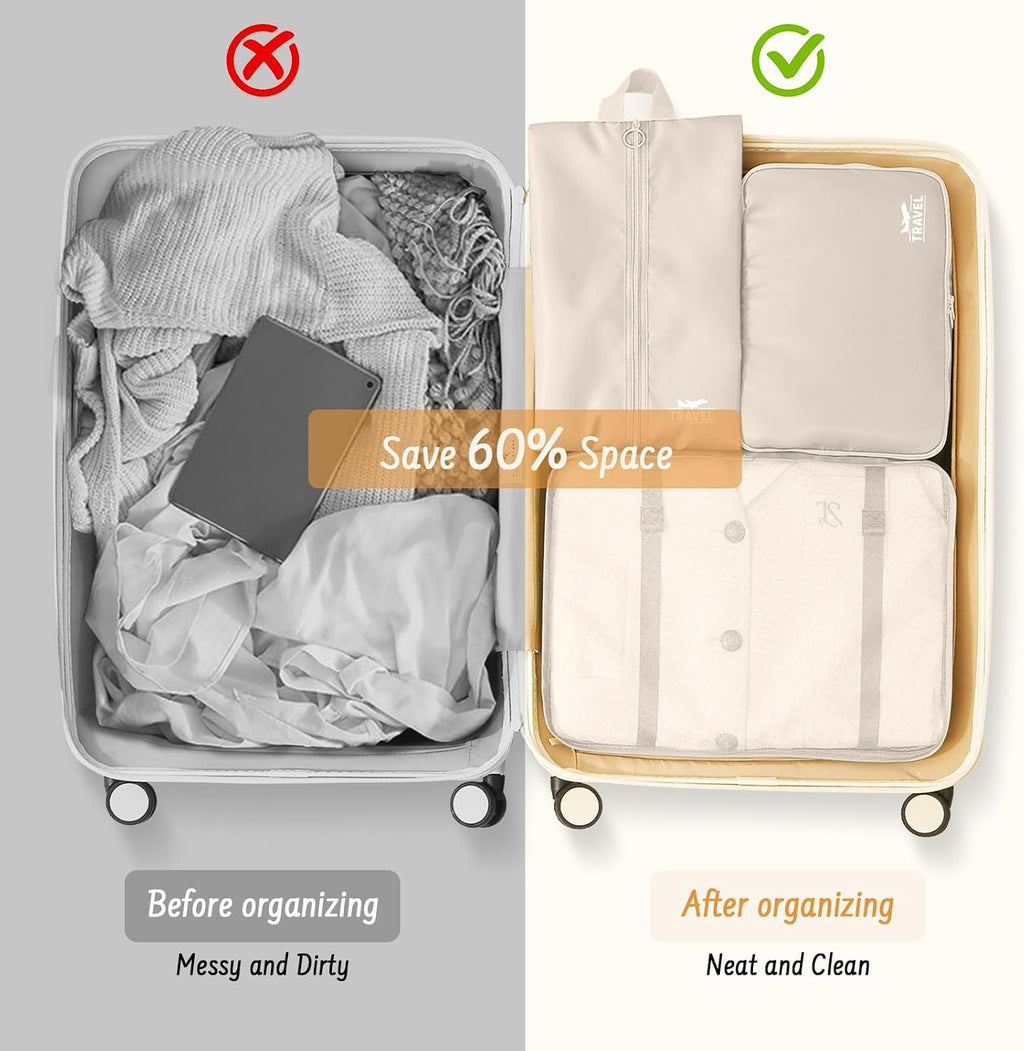 9 Set Packing Cubes for Travel Essentials - Lightweight Carry-On Luggage Organizer Bags with Shoe, Clothes & Laundry Bags for Airplane, Family & Business Travel, Beige