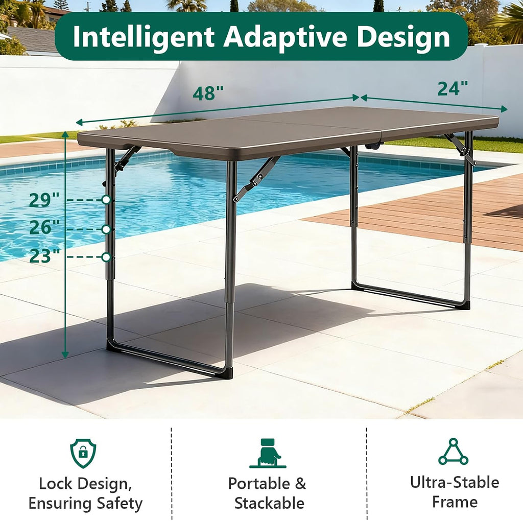 Folding Table 4FT Heavy Duty Plastic Table with Handle, Foldable&Portable, Fold-in-Half Utility Tables for Outdoor, Dining, Wedding, Events, Indoor, Picnic, Camping, Party, Khaki