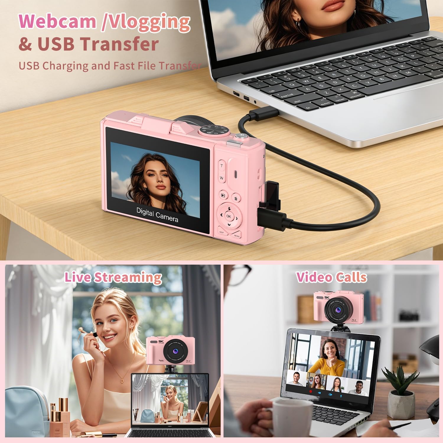 Ourlife 5K Digital Camera for Photography with Flip Screen,Pink Camera
