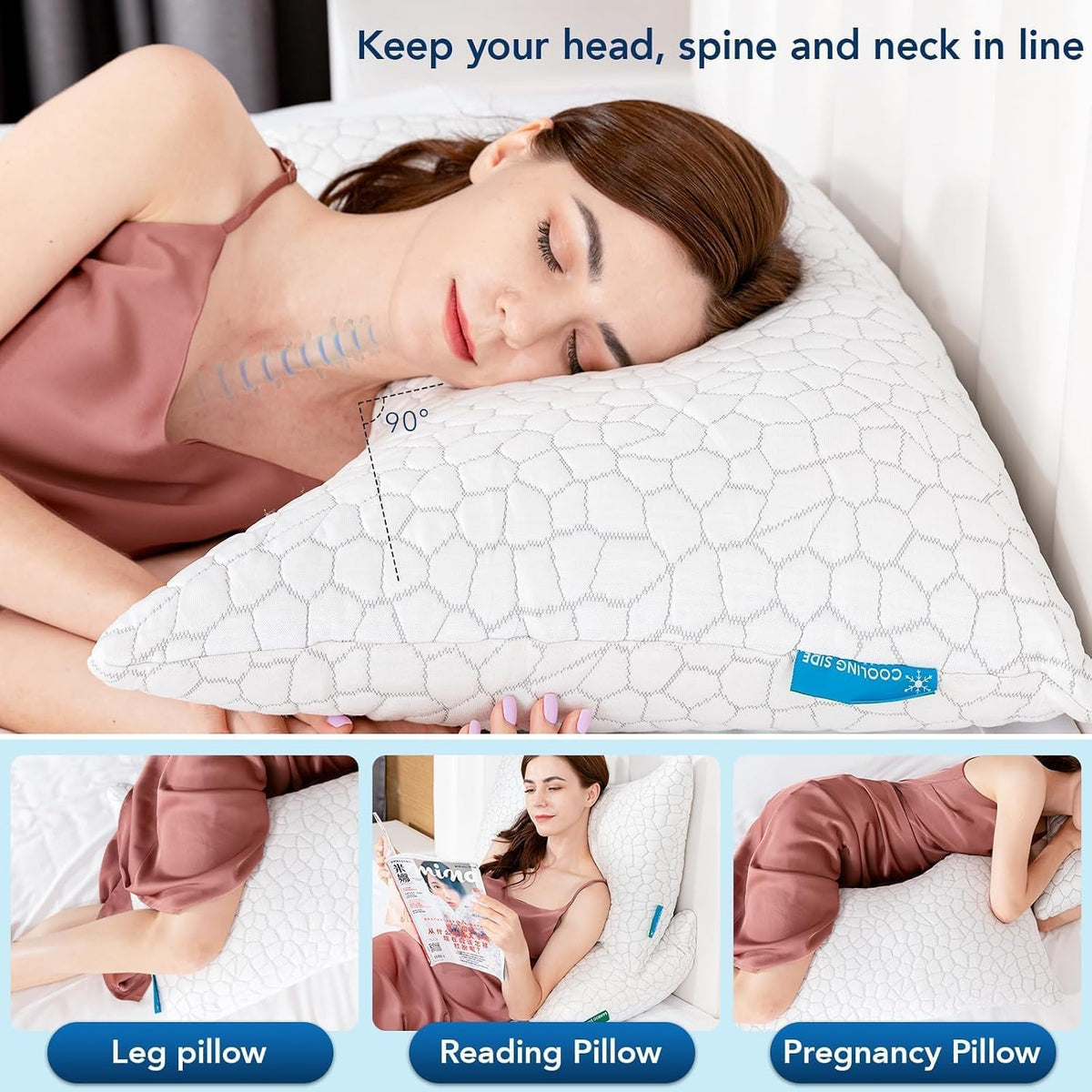 Side Sleeper Pillow for Neck and Shoulder Pain Relief, Cervical Neck Support Pillow for Side Sleepers, Cooling Shredded Memory Foam Pillows for Hot Back Sleepers, Adjustable Curved Queen Bed Pillows