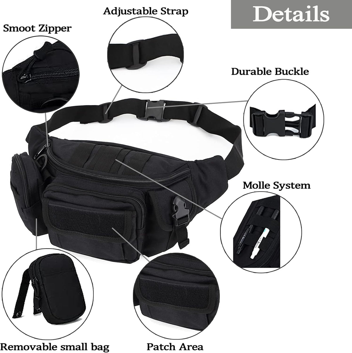 Tactical Fanny Packs, Military Waist Bag Utility Hip Belt Bags for Hiking Climbing Fishing Cycling Hunting with U.S Patch (Black+Black)