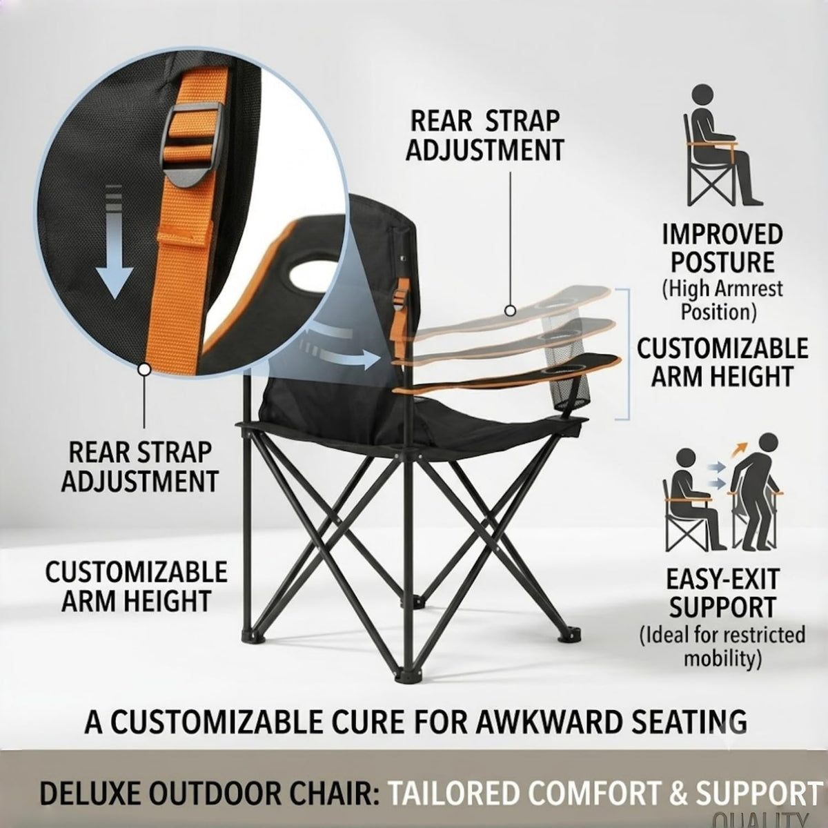 EMERIT Camping Chair, 350LB Heavy Duty Quad Fold Chair with Arms, Collapsible Outdoor Chairs with Lumbar Back & Cup HolderCollapsible for Tailgating, Beach, Fishing