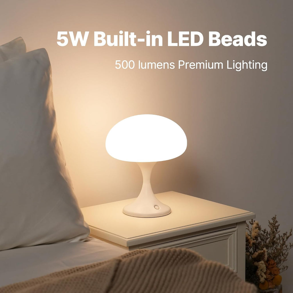 MAGCHARM Mushroom Lamp, 5W LED Cordless Rechargeable Table Lamp with Glass Shade, Small Retro Dimmable Touch Light with 3 Color Temps, Aesthetic Mid Century Bedside Light for Bedroom Ambient, White