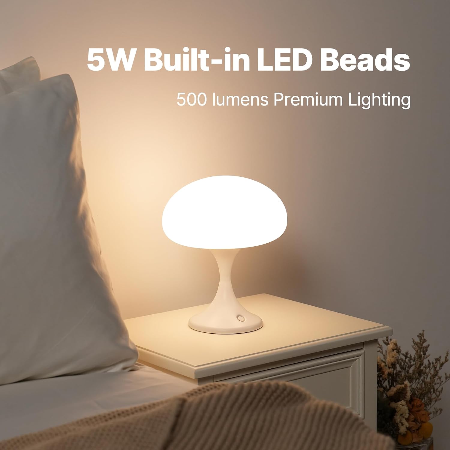 MAGCHARM Mushroom Lamp, 5W LED Cordless Rechargeable Table Lamp with Glass Shade, Small Retro Dimmable Touch Light with 3 Color Temps, Aesthetic Mid Century Bedside Light for Bedroom Ambient, White