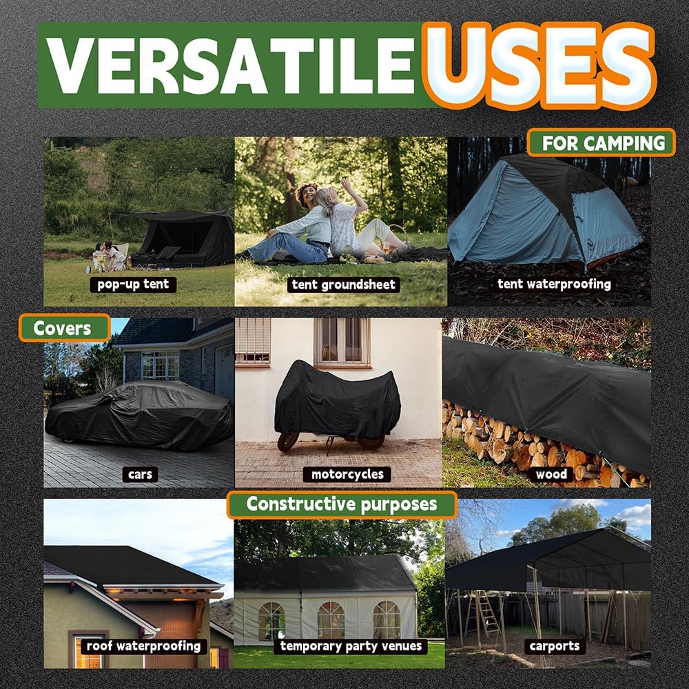 RAINDEWAY Black Tarp 9x16 Feet 8 Mil Multipurpose Waterproof Tarps