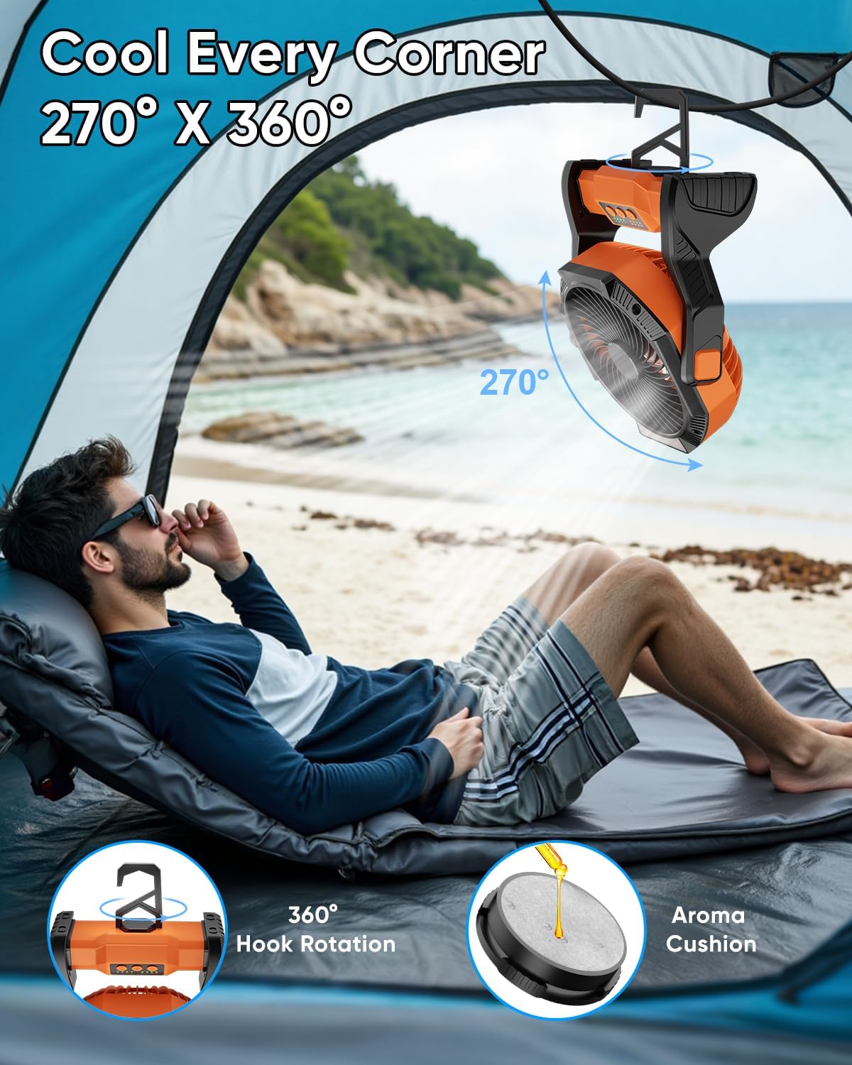 Portable Rechargeable Fan, 20000mAh Battery Powered Camping Fan with LED Light & Hook, 270° Adjustable, 4-Speed, 4H Timer Camping Essentials for Outdoor Tent Travel BBQ Car_Orange