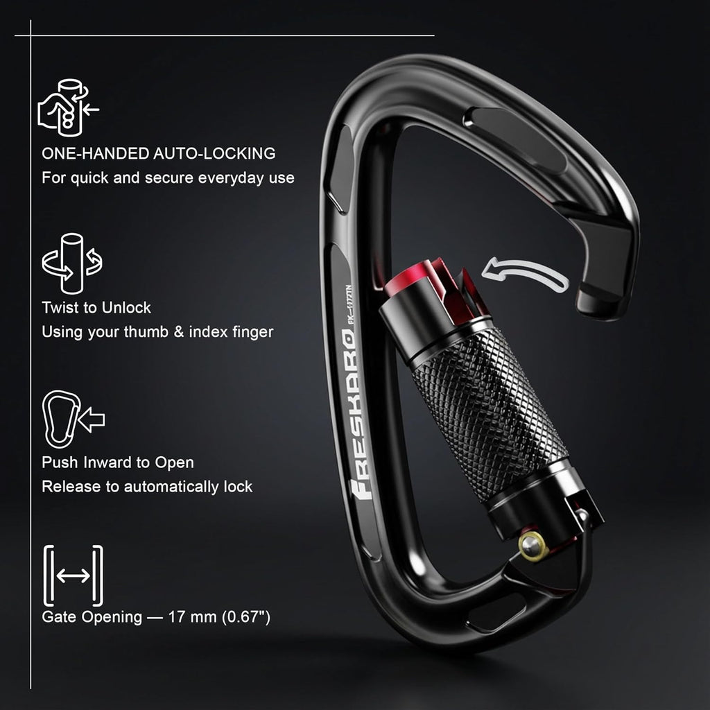 FresKaro UIAA Certified 25KN Auto Locking Climbing Carabiner Clips, Twist Lock, and Heavy Duty Carabiners for Rock Climbing, Rappelling, and Mountaineering, D Shaped