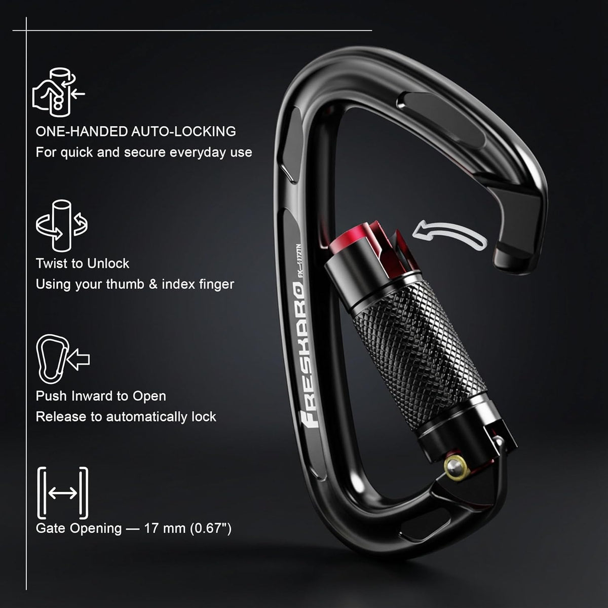 FresKaro UIAA Certified 25KN Auto Locking Climbing Carabiner Clips, Twist Lock, and Heavy Duty Carabiners for Rock Climbing, Rappelling, and Mountaineering, D Shaped