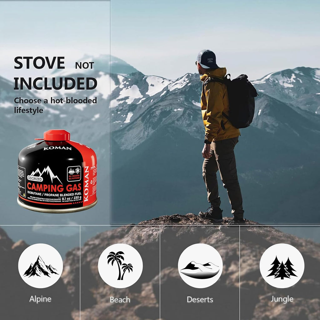 KOMAN Isobutane Fuel Canister 230 Gram Camping Stove Fuel Butane Propane Blend Camping Fuel Gas Canister Backpacking Fuel Light-Weight Compact Camping Fuel (4 Pack)