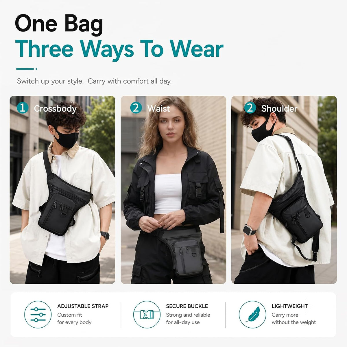 Fanny Pack for Men Women, Anti-Slip Sling Bag with Leg Strap for Running Hiking Travel (Black)