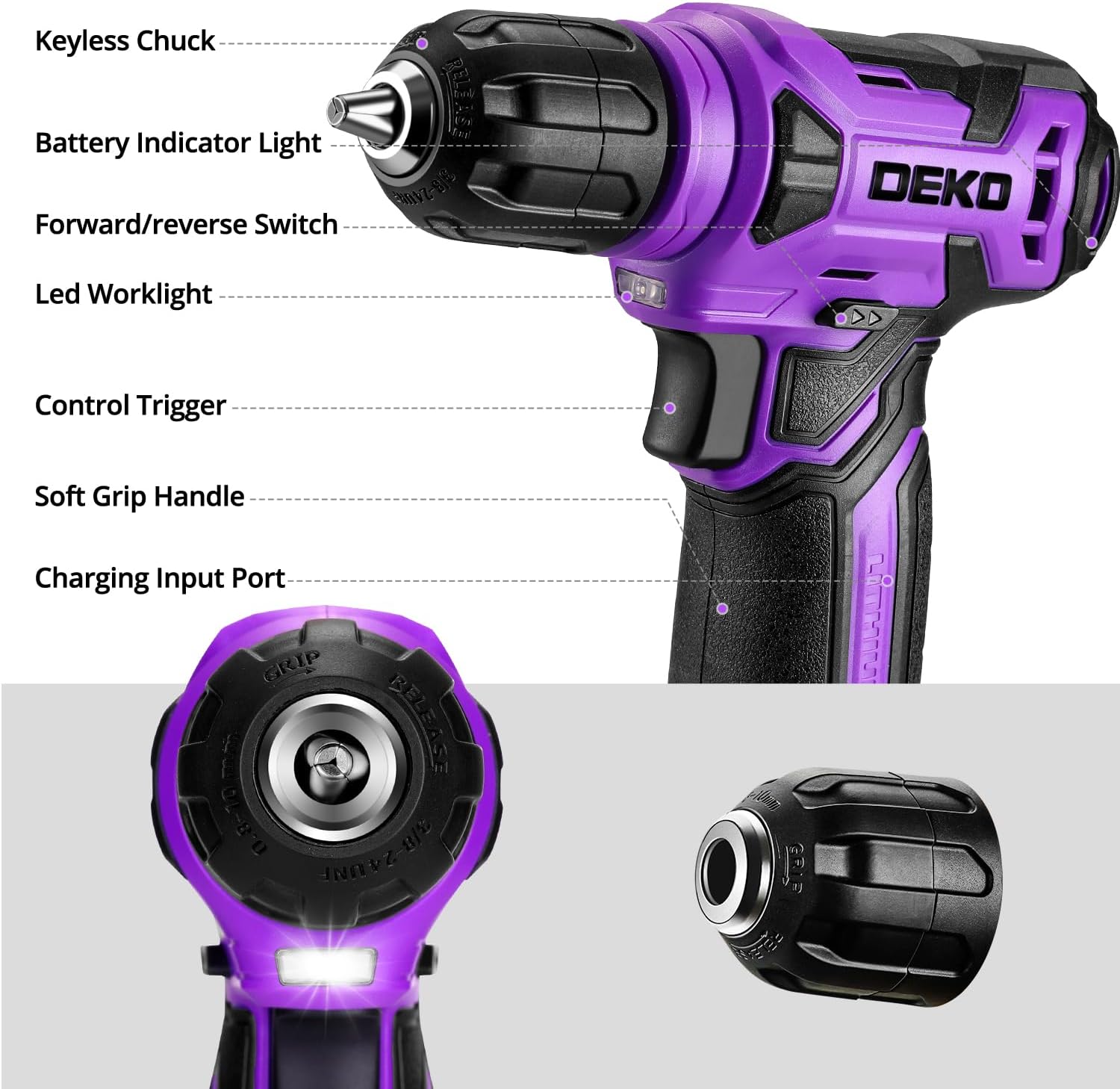 DEKOPRO Tool Set: Tool Kit with 8V Cordless Drill, Hand Toolbox with storage case, Tool set for Home Repairs 126 Piece, Purple