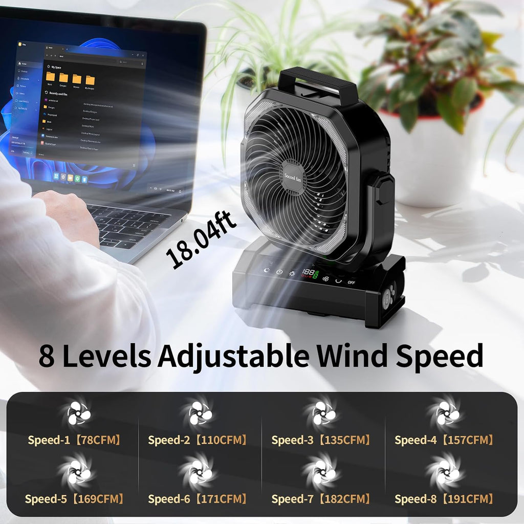 Socool Camping Fan with Light, 20000mAh Rechargeable Battery Fan with Remote, 112Hrs & 8 Speeds, Digital Display, Timer, Auto Oscillation, 270° Pivot & Hook for Outdoor Tent, Hurricane, Power Outage