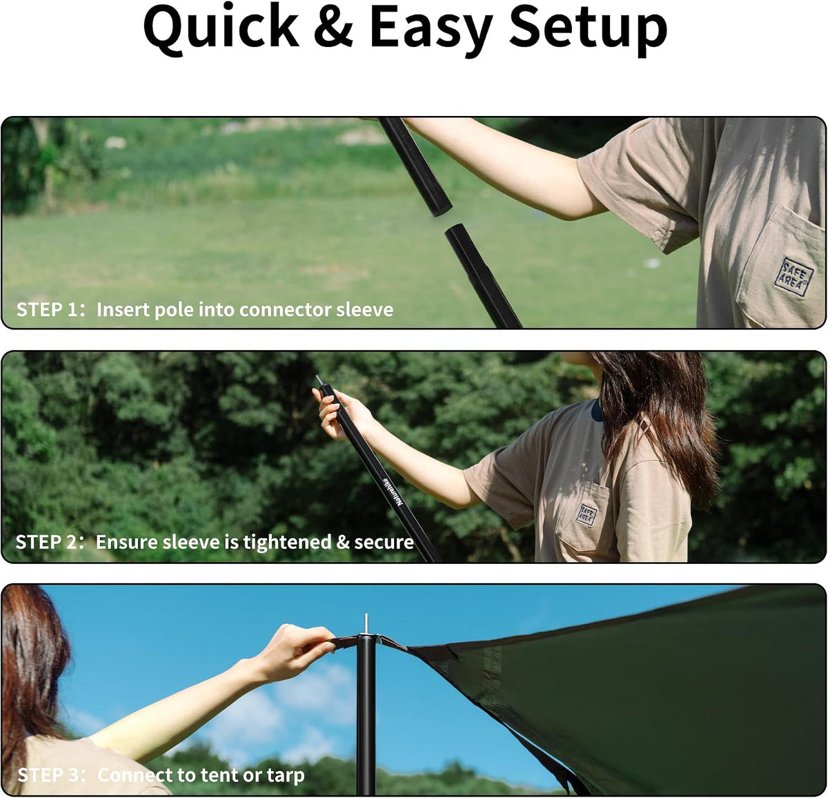 Naturehike Heavy Duty Tent Poles for Tarp, Steel Tarp Poles for Camping Awning Canopy, 0.75in Diameter 3-Section Replacement Poles for Hiking Backpacking, 1.7m(5.6ft) 2-Pack Black