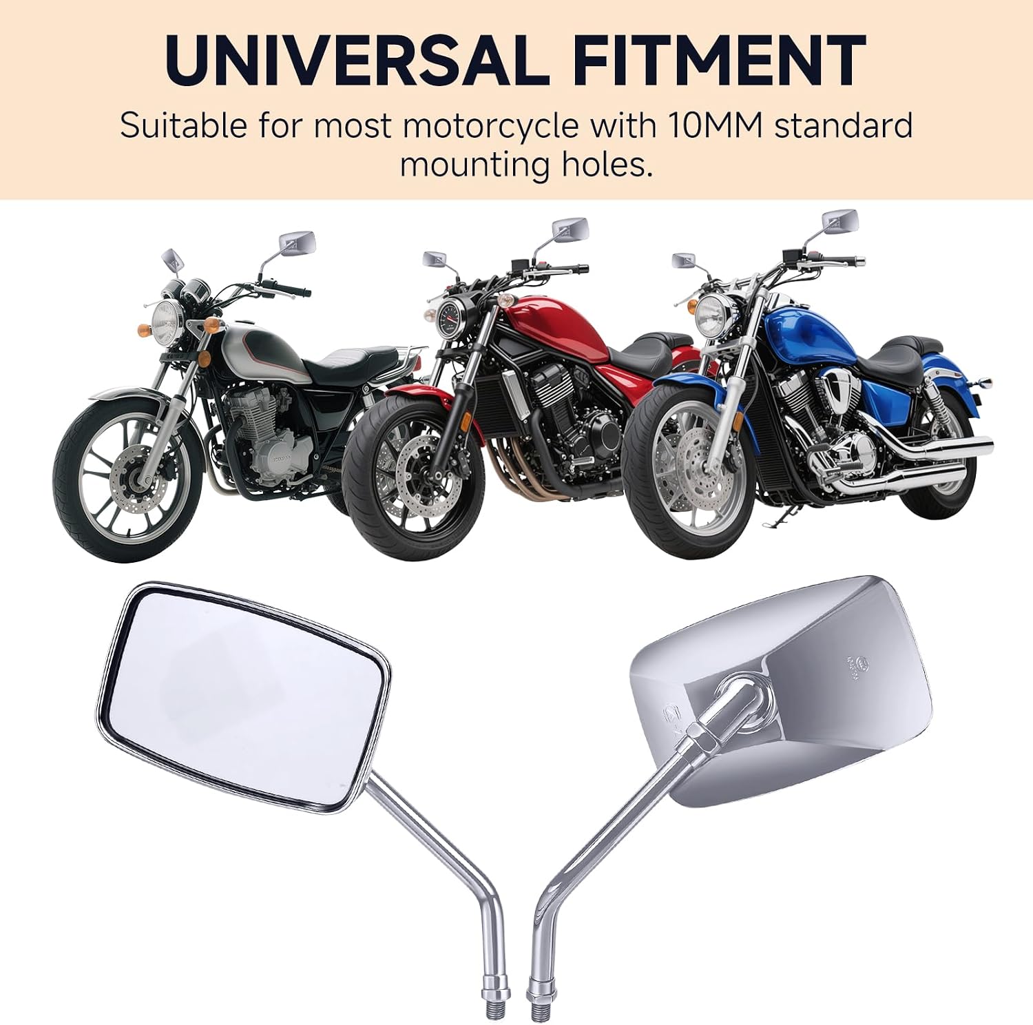 Universal Motorcycle Mirrors - M10 Chrome Rectangle Handlebar Rearview Side Mirrors Compatible with Honda Shadow MSX125 Kawasaki Vulcan Z900 Suzuki SV650 Volusia