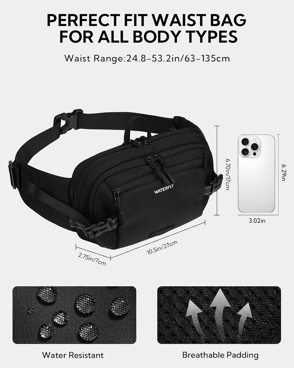 WATERFLY Fanny Pack Waist Bag: 3L Large RFID Anti-Theft for Travel