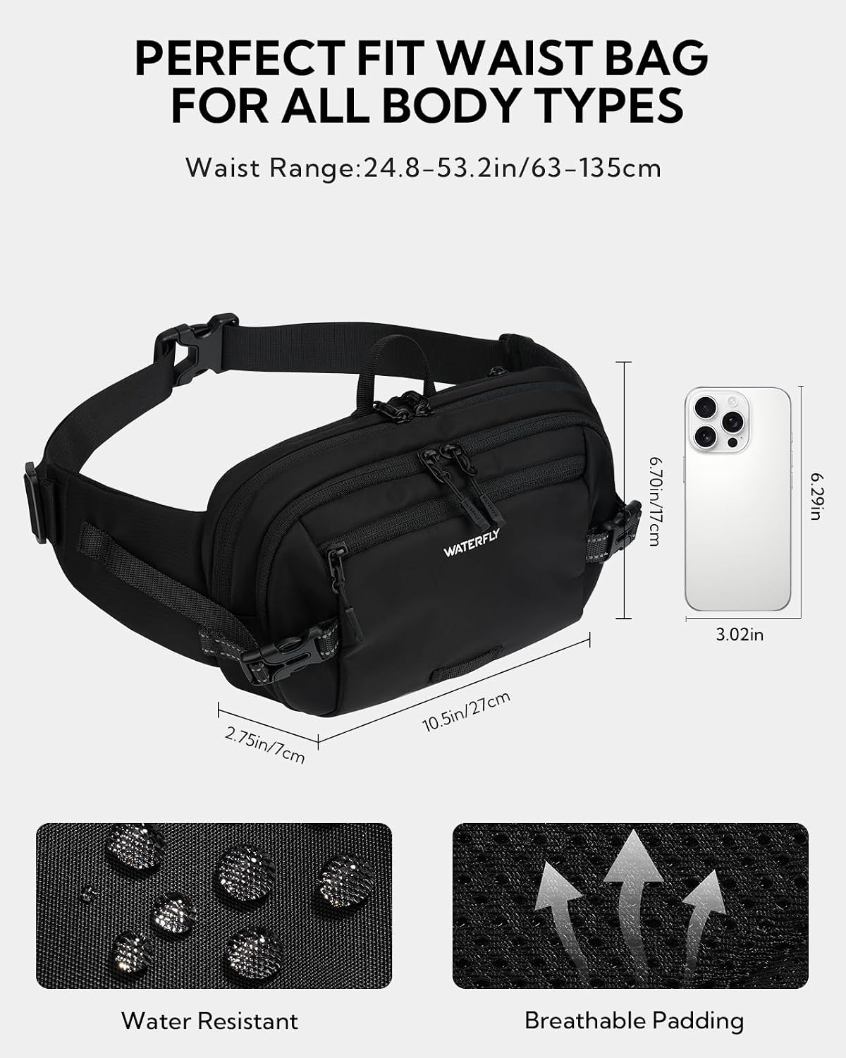 WATERFLY Fanny Pack Waist Bag: 3L Large RFID Anti-Theft for Travel