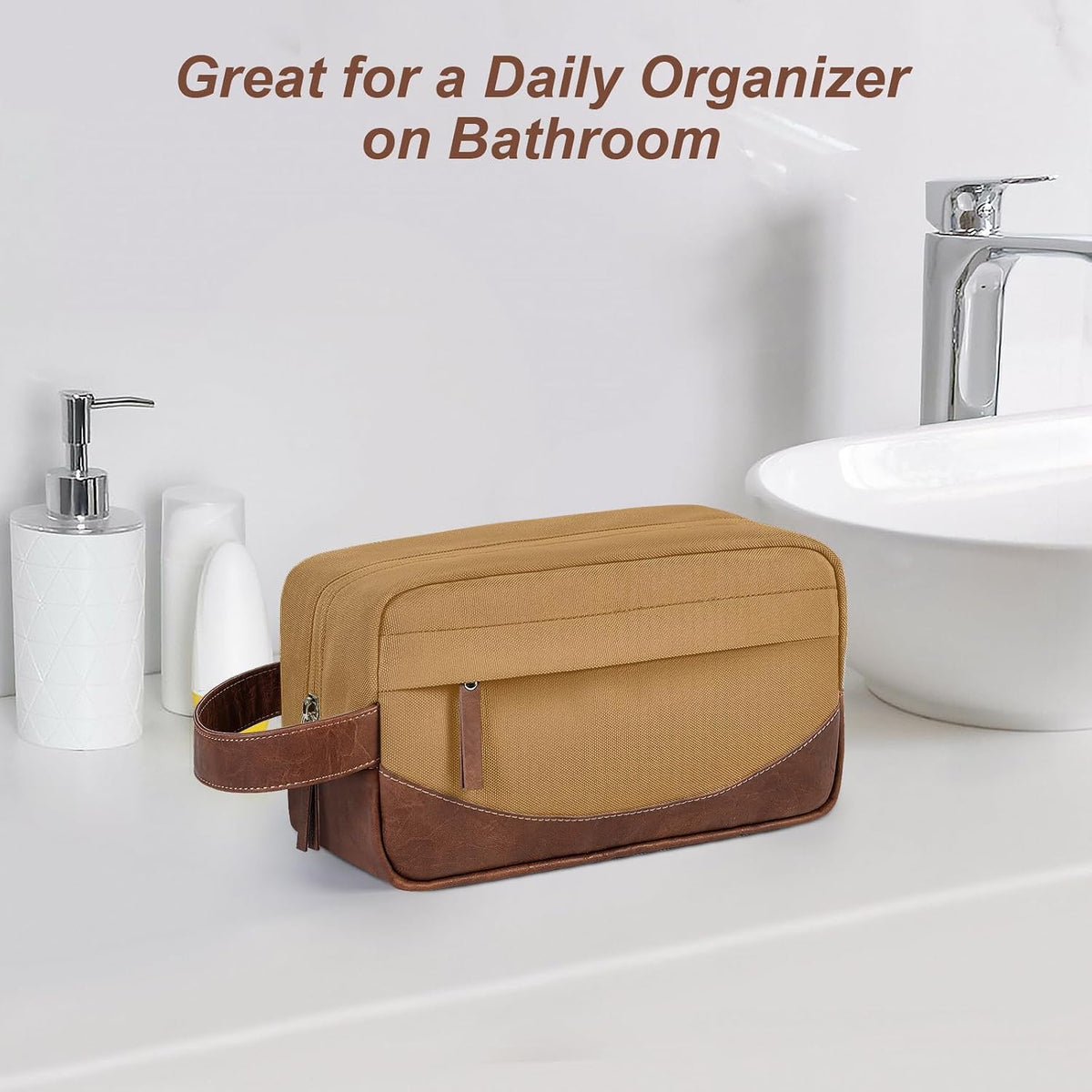 Travel Toiletry Bag for Men, Hanging Toiletry Organizer, Water Resistant Shaving Kit with Large Capacity for Travel Accessories (Brown, Medium)