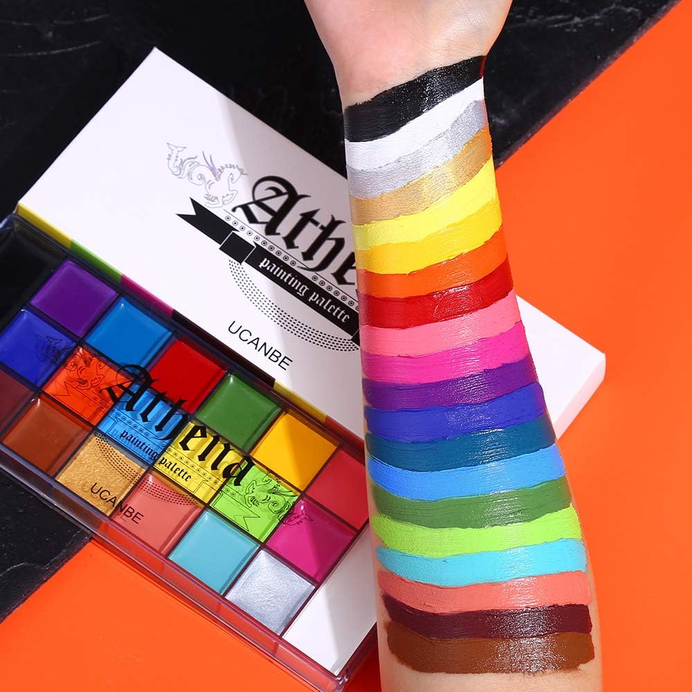 UCANBE Athena Face Body Paint Oil Makeup Set, 20 Colors FX Halloween Party Painting with Stainless Steel Mixing Palette and Spatula Tool,10 pcs Artist Paintbrushes,Tattoo Stencil Arts Crafts kit
