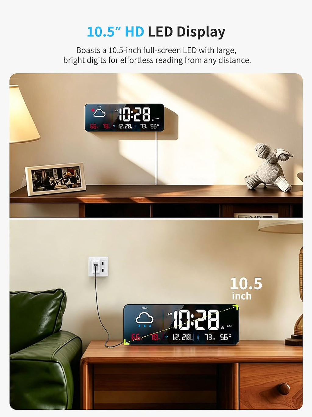 Digital Wall Clock, Digital Clock Large Display with Network Auto-Synced, Corded Smart LED Alarm Clocks Real-Time Shows Weather, Indoor/Outdoor Temp Humidity for Living Room Bedroom Classroom Office
