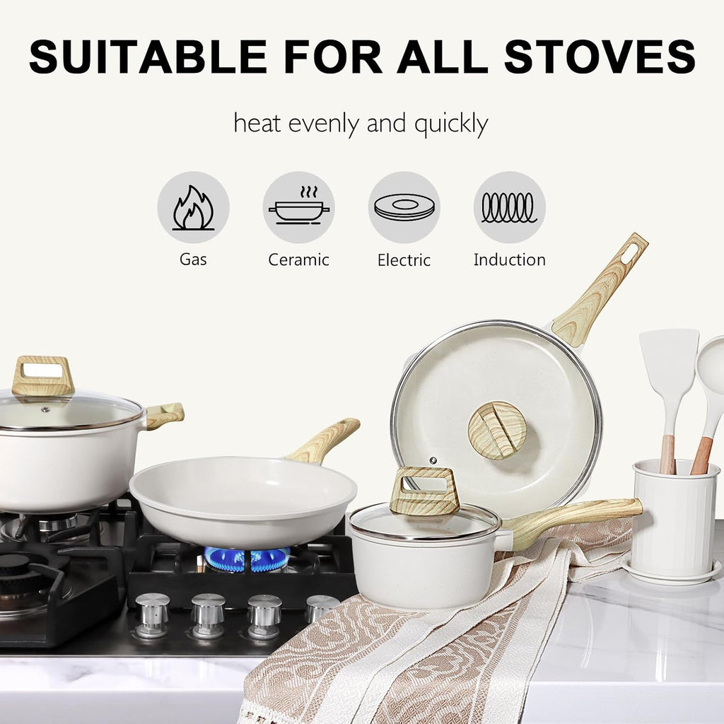 GiPP Ceramic Pots and Pans Set Non Stick - 17 Pcs Nonstick Cookware Set, Non-toxic Healthy Kitchen Cooking Set/Frying Pans Set, Dishwasher Safe, PFAS PTFE PFOA PFOS Free, Cream White