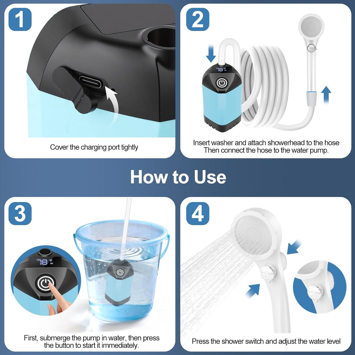Portable Shower for Camping with 7800mAh Battery