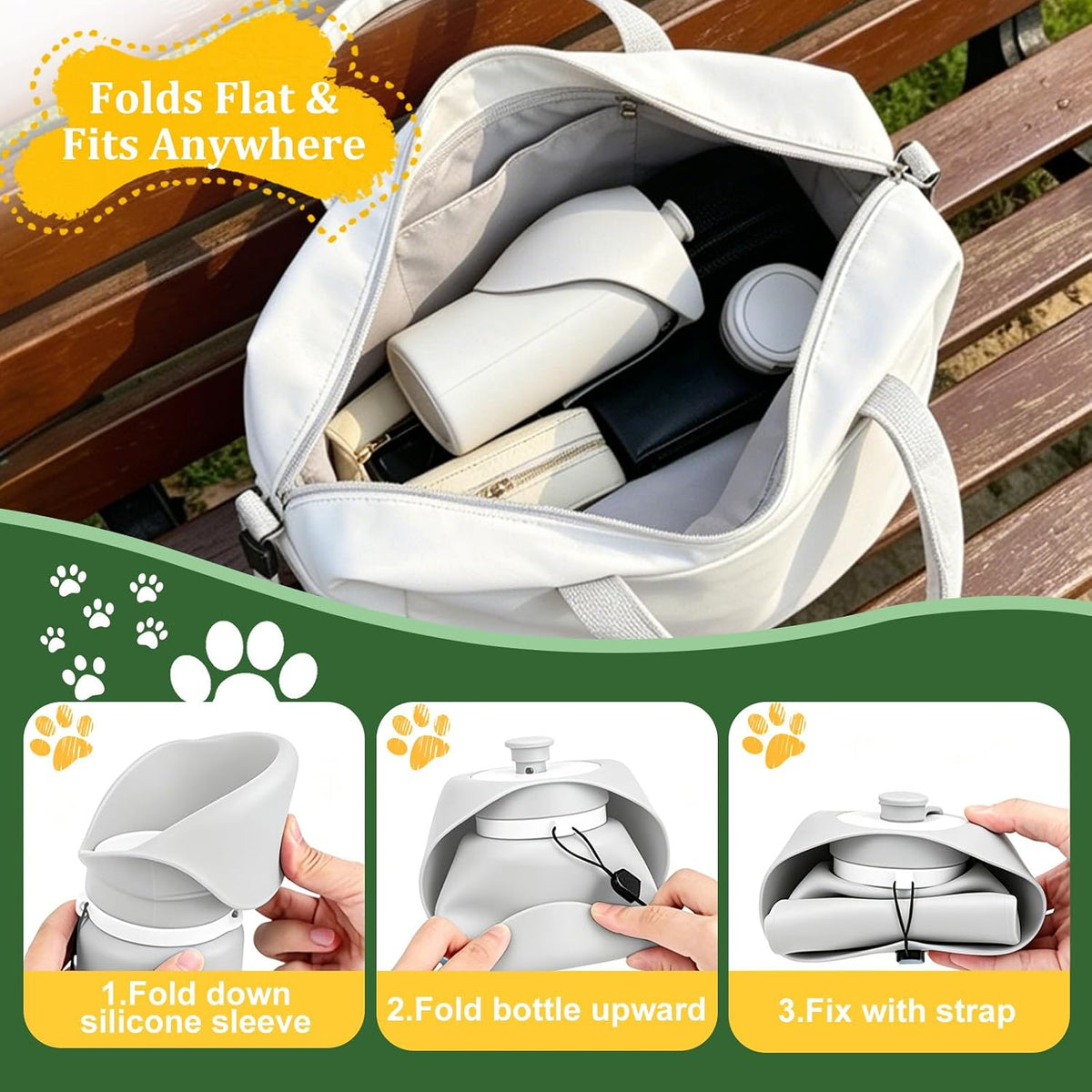 2 in 1 Foldable Dog Water Bottle, Leakproof Portable Pet Dispenser, Grey