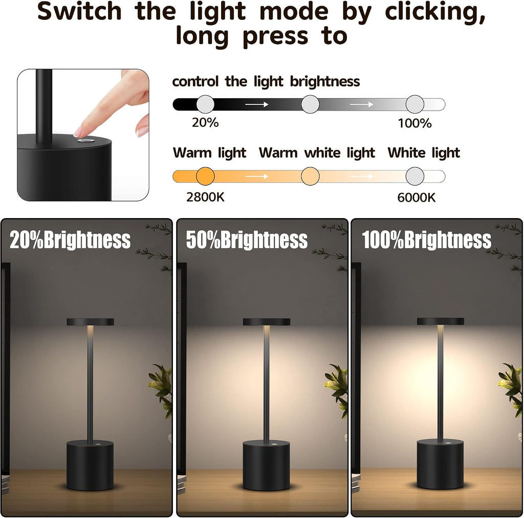2Pack Cordless Table Lamp, Rechargeable LED Battery 5000mAh Metal USB Portable Powered Desk Lamp, 3 Levels Brightness Light for Restaurants Outdoor (2pack 10.25in Black)