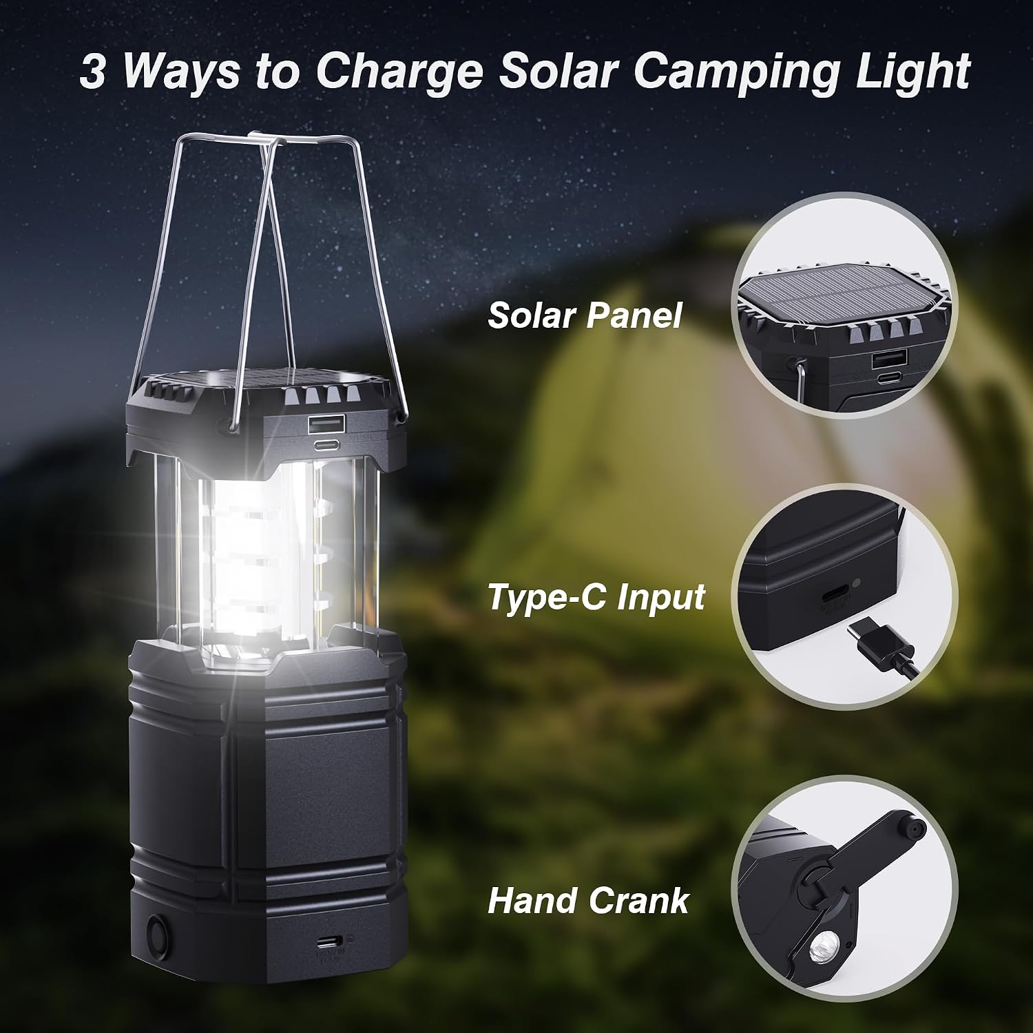 3000mAh Large Capacity Hand Crank Solar Camping Lantern for Emergency