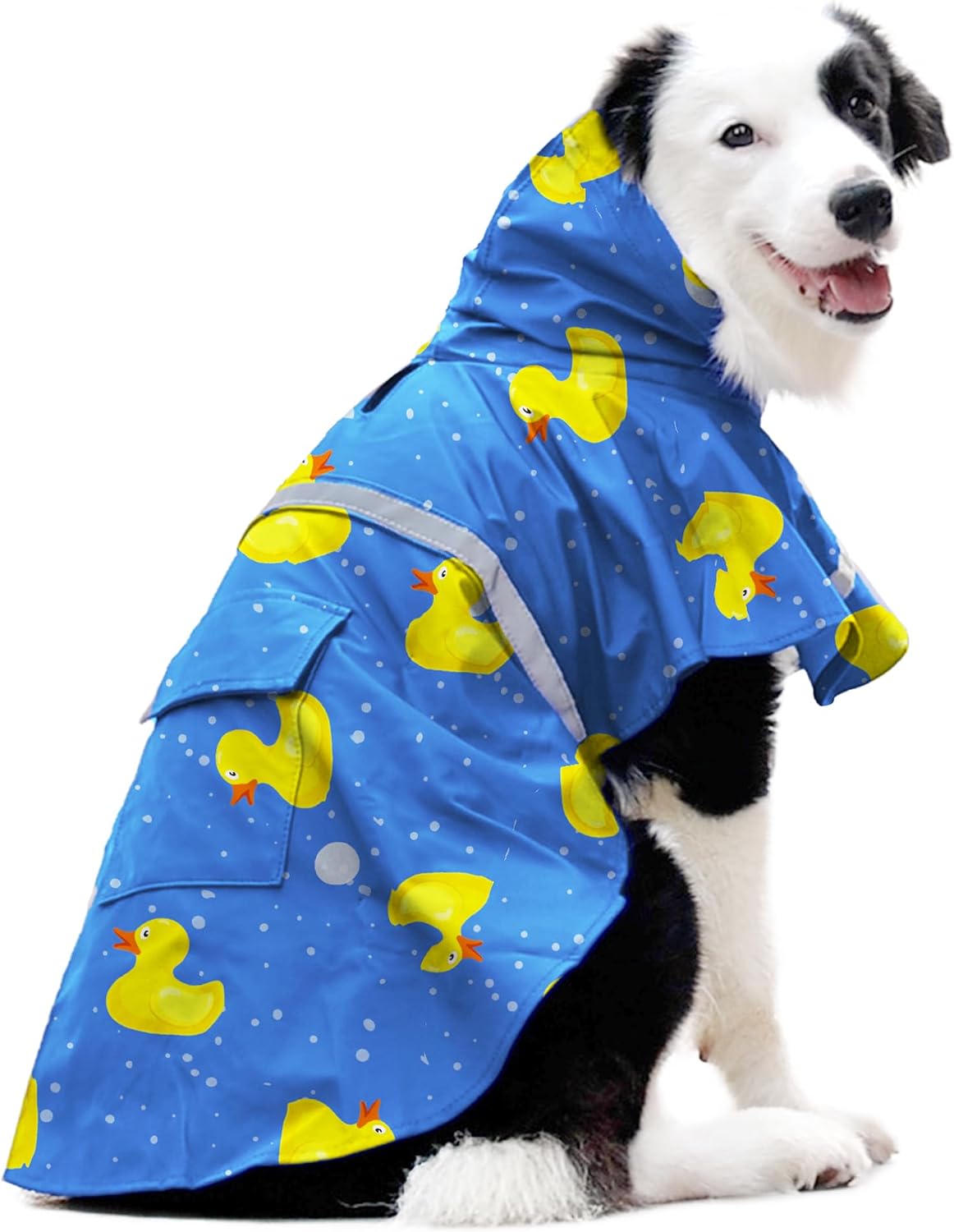 DELIFUR Large Dog Raincoat- Waterproof Dog Rain Poncho Adjustable Double Layer Rain Jacket with Hood for Medium Large Dogs Designed with Leash Hole Reflective Strip and Ducks (Blue Duck, Large)