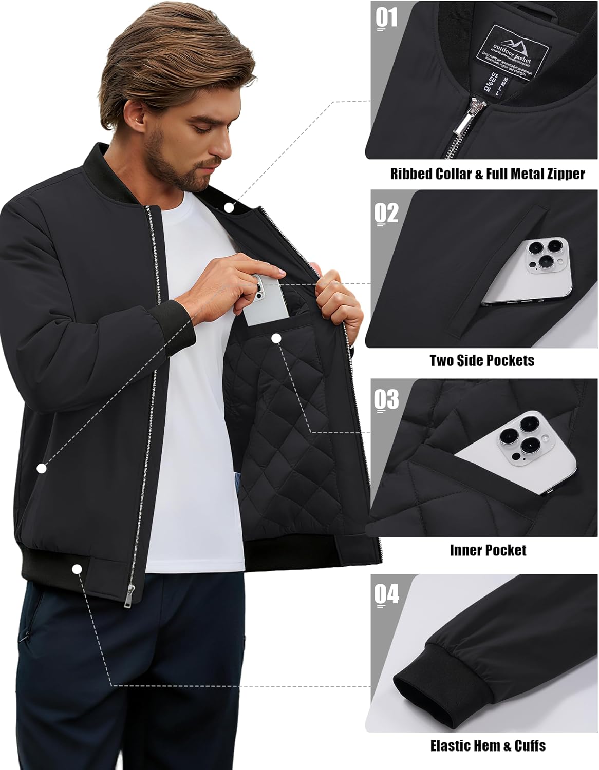 Cotrasen Men's Bomber Jacket Fall Winter Windbreaker Warm Quilted Coats