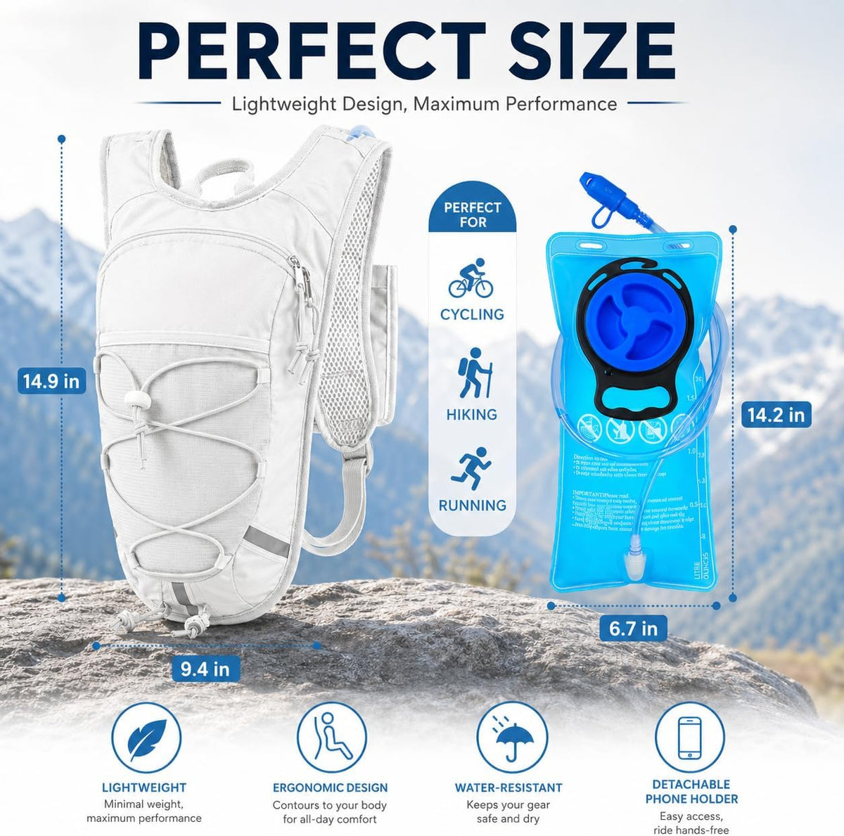 Lightweight Hydration Backpack 2L Water Bladder Pack for Running, Cycling, Hiking – Anti-Theft Water Backpack with Phone Holder, Trekking Pole Holder & Reflective Strips for Men & Women