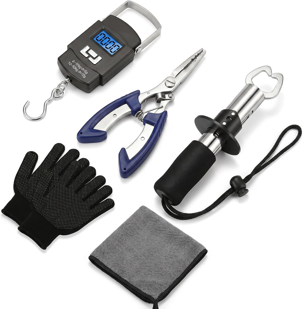 Fishing Tool Kit - Fishing Pliers, Hook Remover, Fish Gripper，Fish Scale, Fish Knife, Saltwater Fishing Gear with Sharpeners, Best Gifts for Men