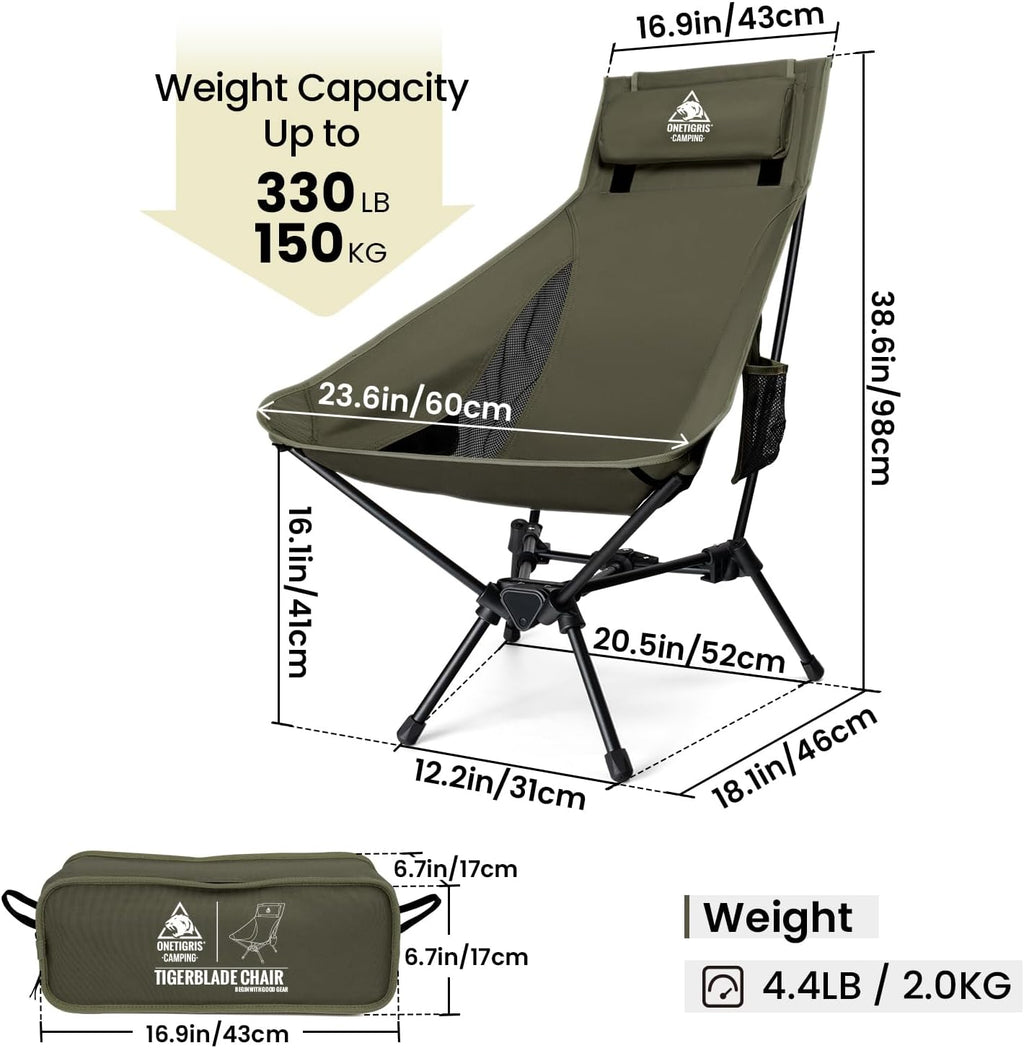 ONETIGRIS Tigerblade High Back Camping Chair with Pillow Design, Comfortable Widened Seat Folding Chair